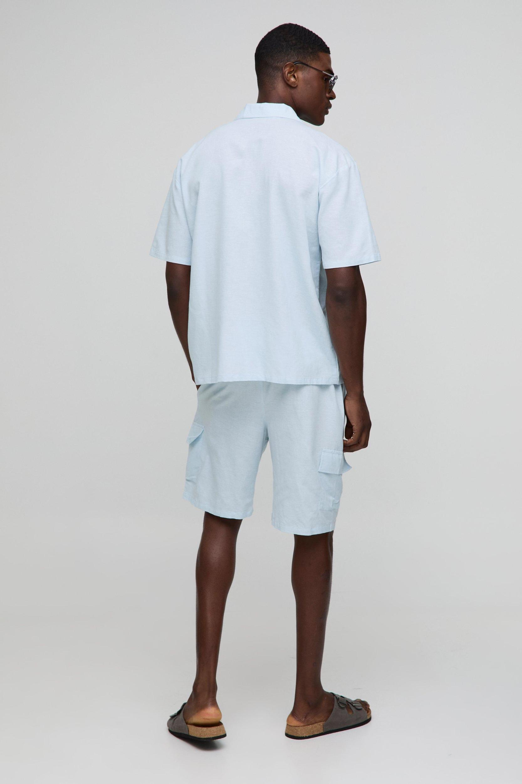 Oversized Linen Blend Cargo Pocket Shirt & Short Set | boohooMAN USA Product Image