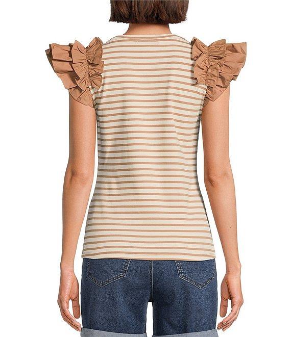 Gibson & Latimer Striped Ribbed Knit Crew Neck Contrasting Poplin Ruffled Short Sleeve Top Product Image