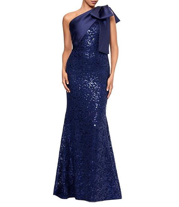 Betsy & Adam Sequin Lace One Shoulder Neck Sleeveless Bow Detail Sheath Gown Product Image