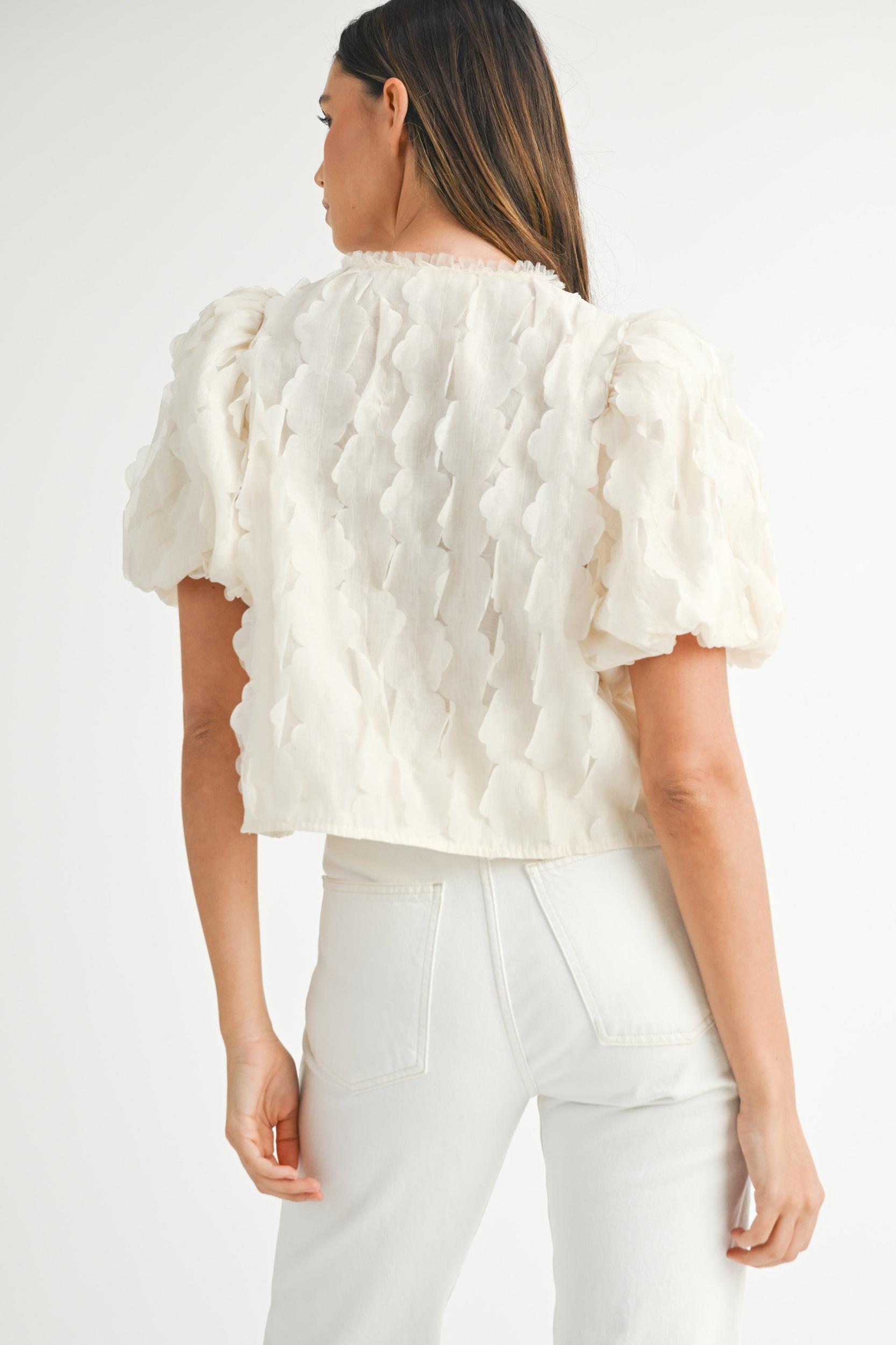 Textured Scallop Puff Sleeve Blouse Top Product Image