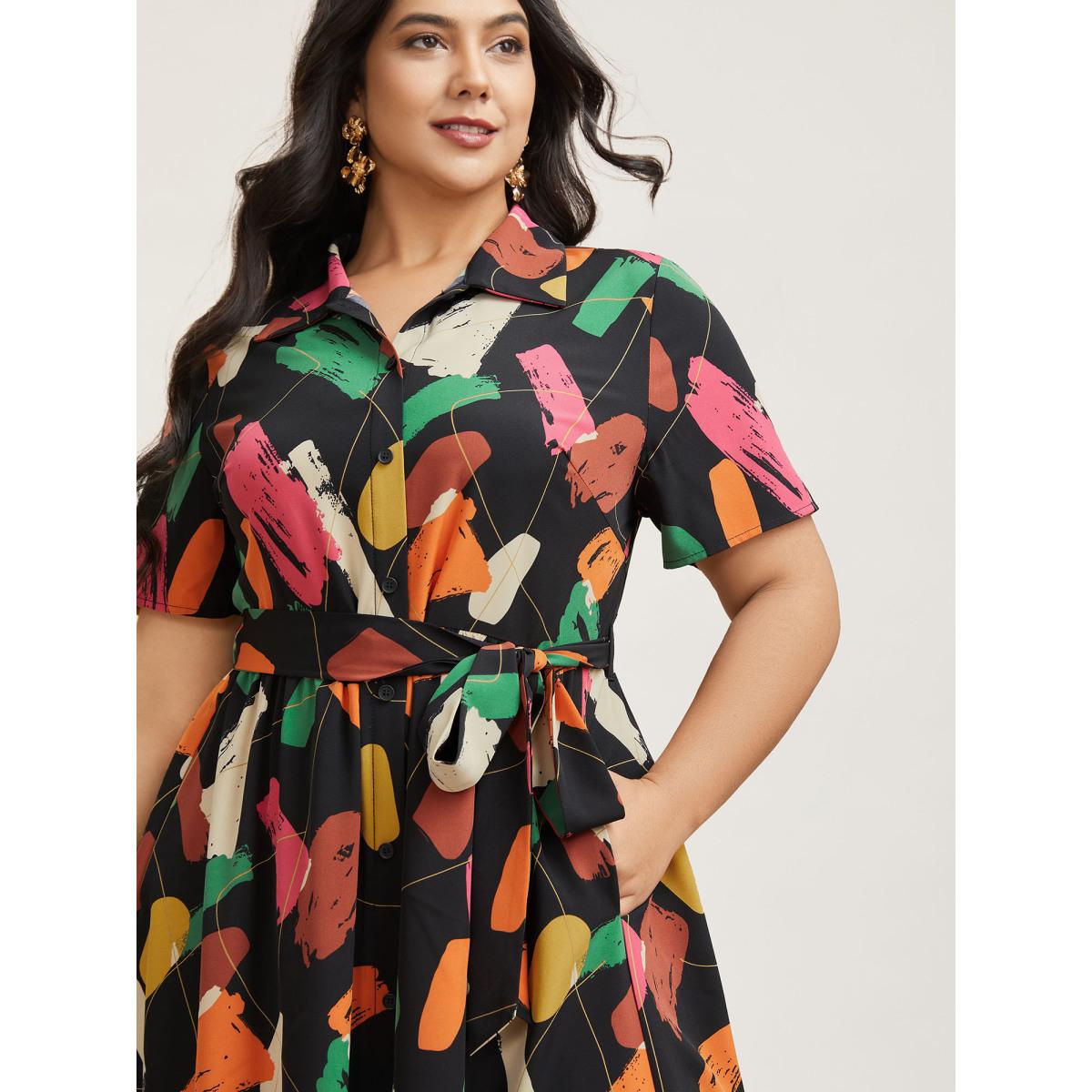 Plus Size Color Brush Print Stretchy Waist Midi Dress BlackFlower Women Elegant Belted Shirt collar Short sleeve Curvy BloomChic 18-20/2X Product Image