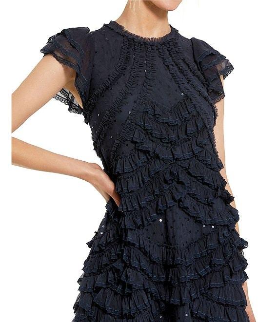 Mac Duggal Mesh Cap Sleeve Micro Ruffle Midi Dress Product Image