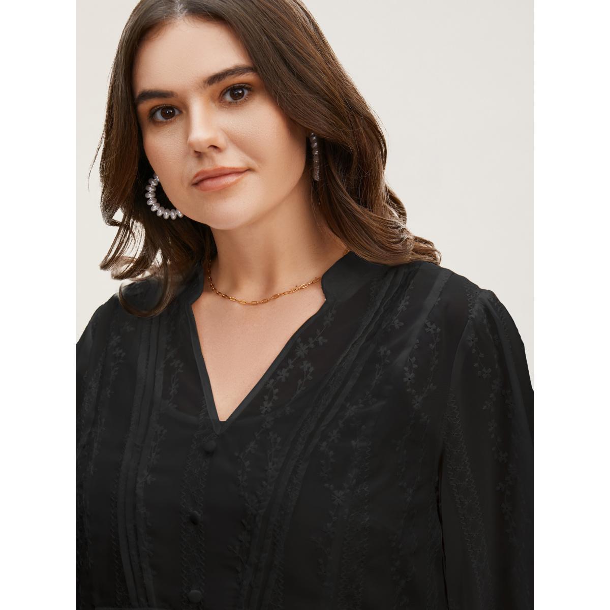 Plus Size Black Texture Mesh Button Detail Tucked Seam Blouse Women Elegant Elbow-length sleeve V-neck Everyday Blouses BloomChic 18-20/2X Product Image