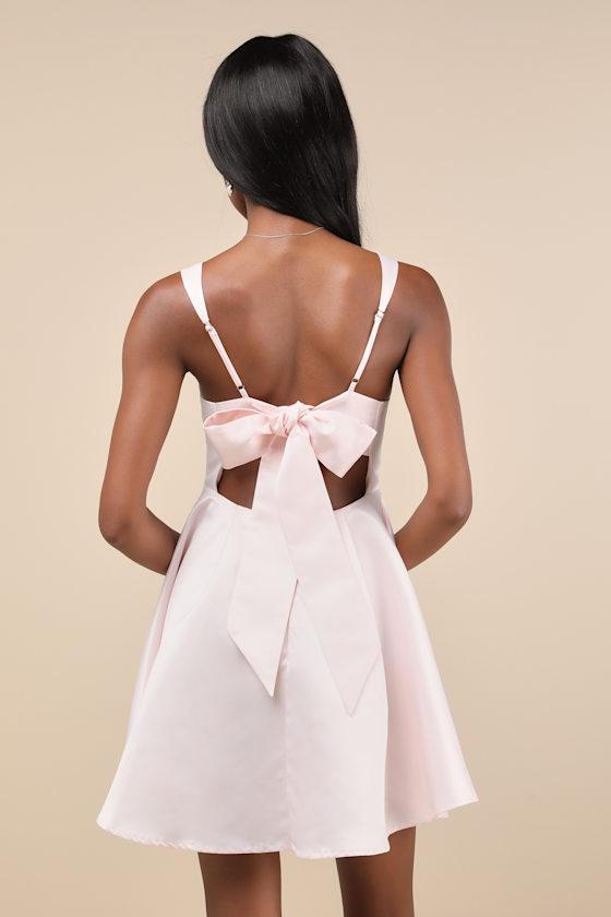 Flawlessly Flirty Blush Pink Satin Tie-Back Skater Mini Dress Product Image