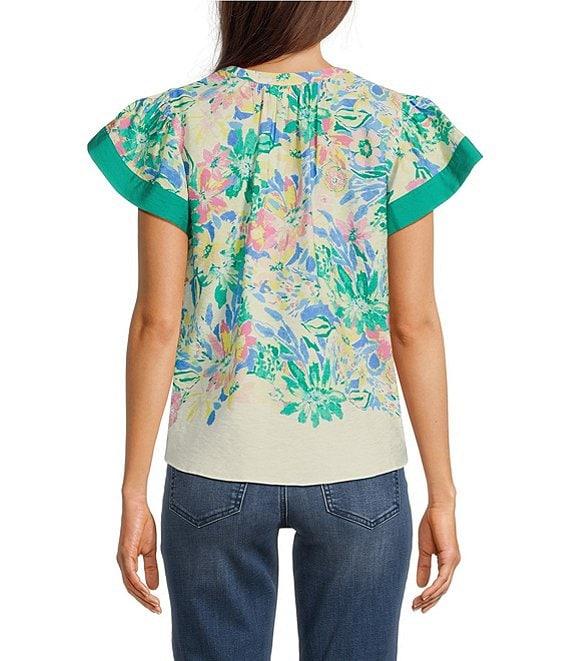 Current Air Woven Floral Print Split Neck Flutter Sleeve Contrast Trim Blouse Product Image