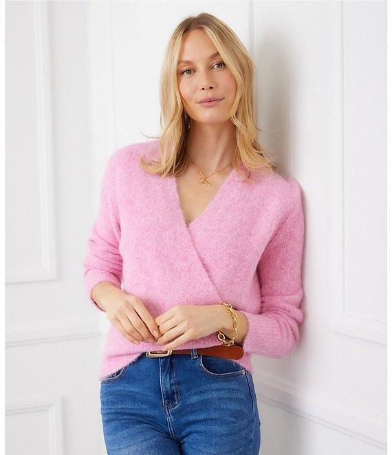 Karen Kane Surplice V-Neck Long Sleeve Crossover Faux Wrap Knit Top Product Image