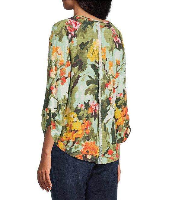 Westbound Knit Beryl Green Wild Bouquet 3/4 Bell Sleeve V-Neck Top Product Image