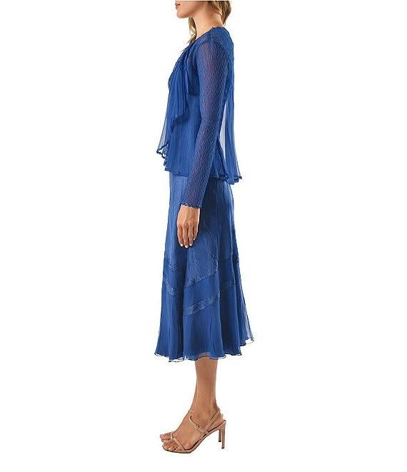 Komarov Two Piece Set V-Neck A-Line Charmeuse Midi Dress with Drape Front Mixed Media Cardigan Product Image