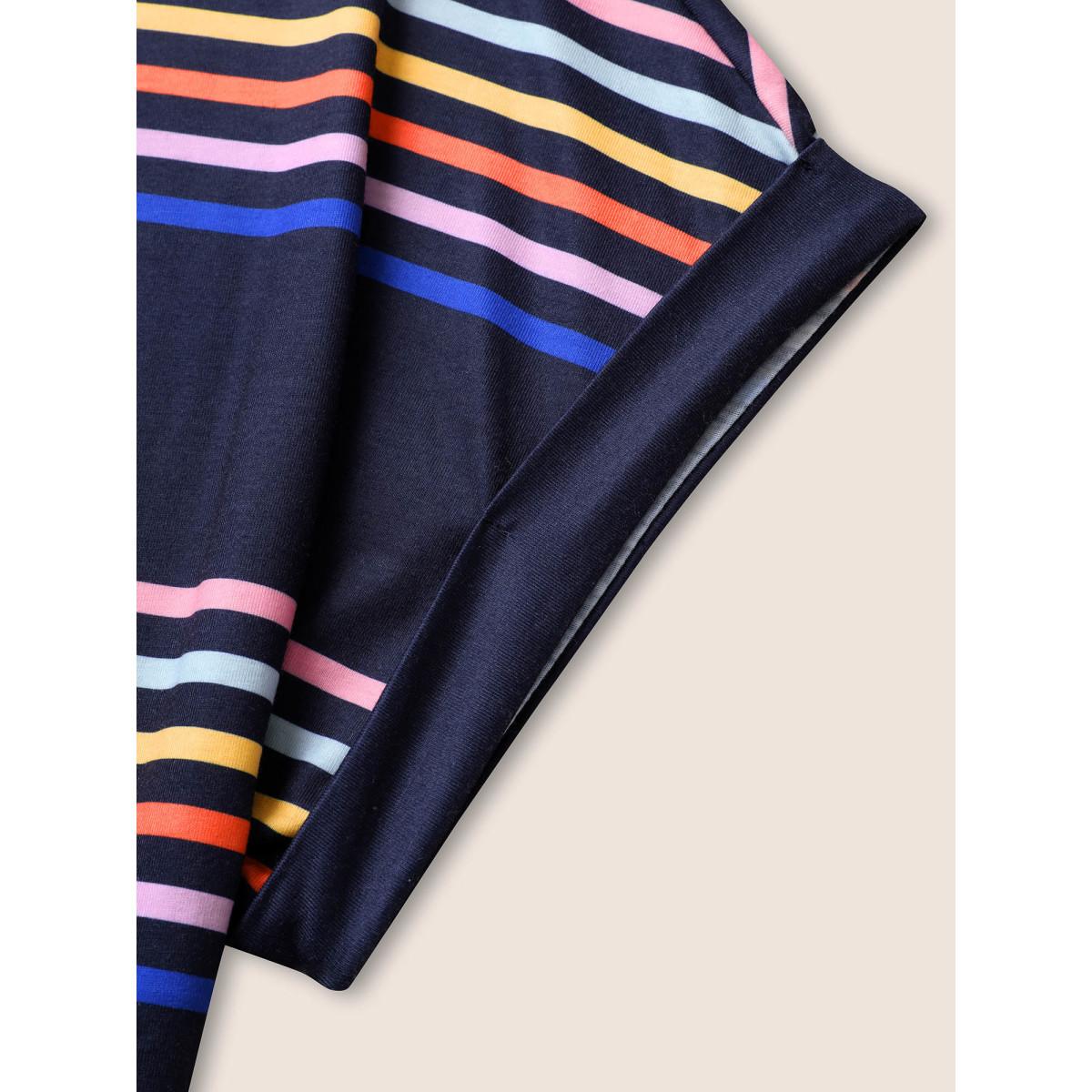 Plus Size Colored Striped Boat Neck Batwing Sleeve T-shirt Indigo Women Casual Contrast Boat Neck Everyday T-shirts BloomChic 28/5X Product Image