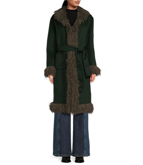 Chelsea & Violet Beatrix Wool Blend Faux Fur Trim Shawl Collar Long Sleeve Tie Front Long Topcoat Product Image