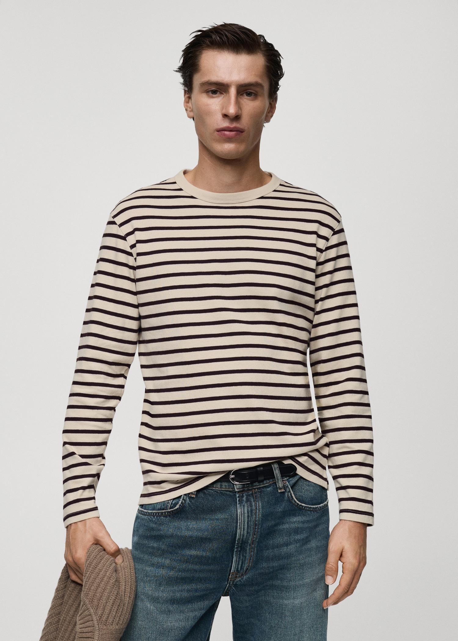 Striped 100% cotton t-shirt - Men | MANGO USA Product Image