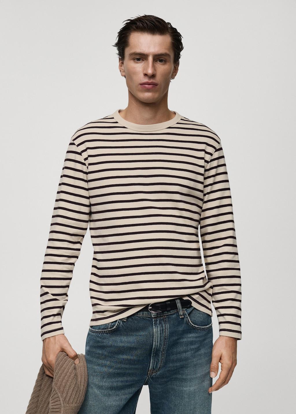 Striped 100% cotton t-shirt - Men | MANGO USA Product Image