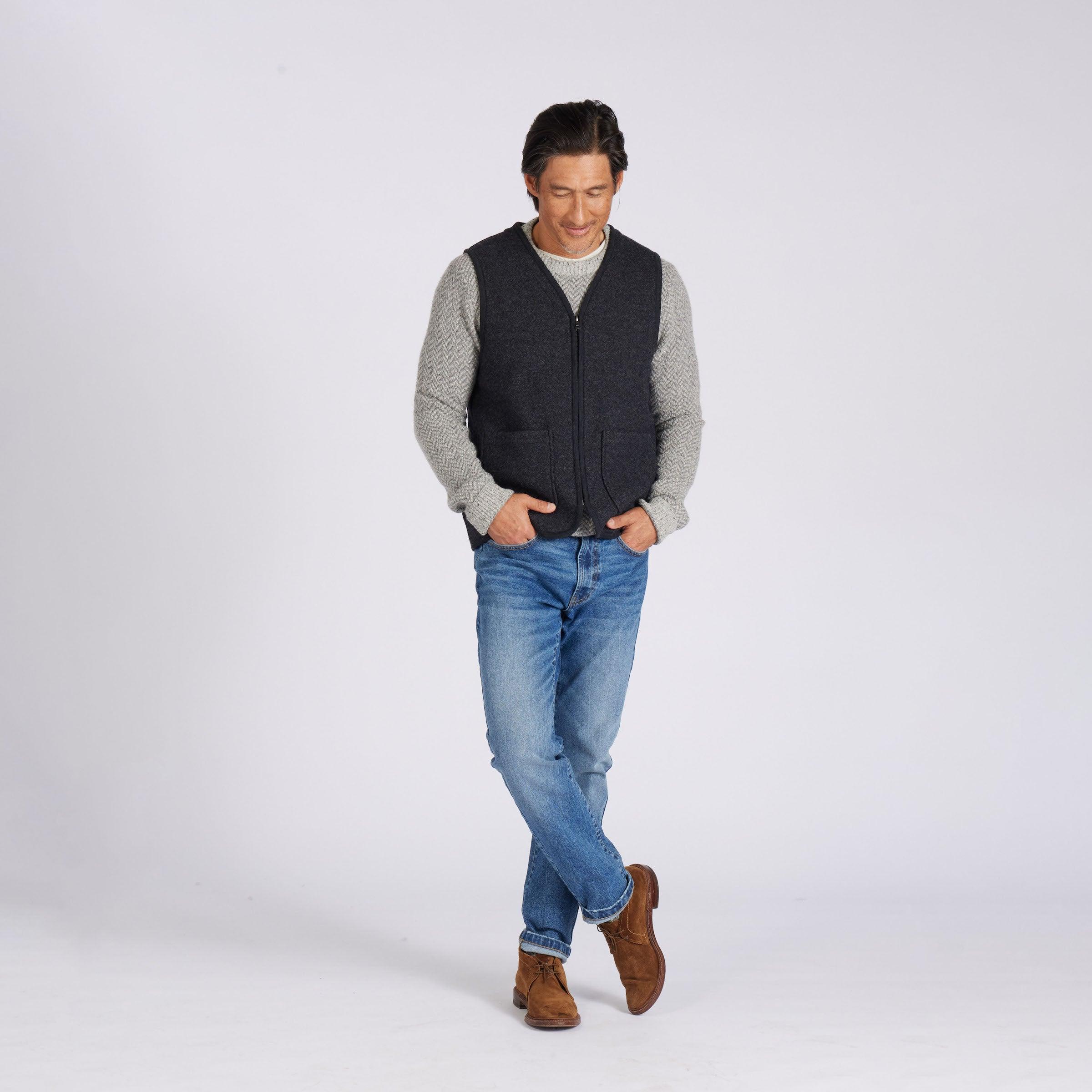 Burnham Boiled Wool Zip Up Vest  - Charcoal Product Image