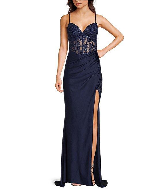 B. Darlin Sleeveless Sweetheart Neck Spaghetti Strap Illusion Lace Corset Side Slit Dress Product Image