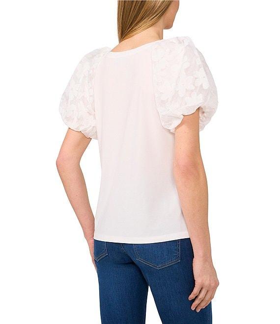 CeCe Mixed Media Round Neck Floral Puff Sleeve Top Product Image