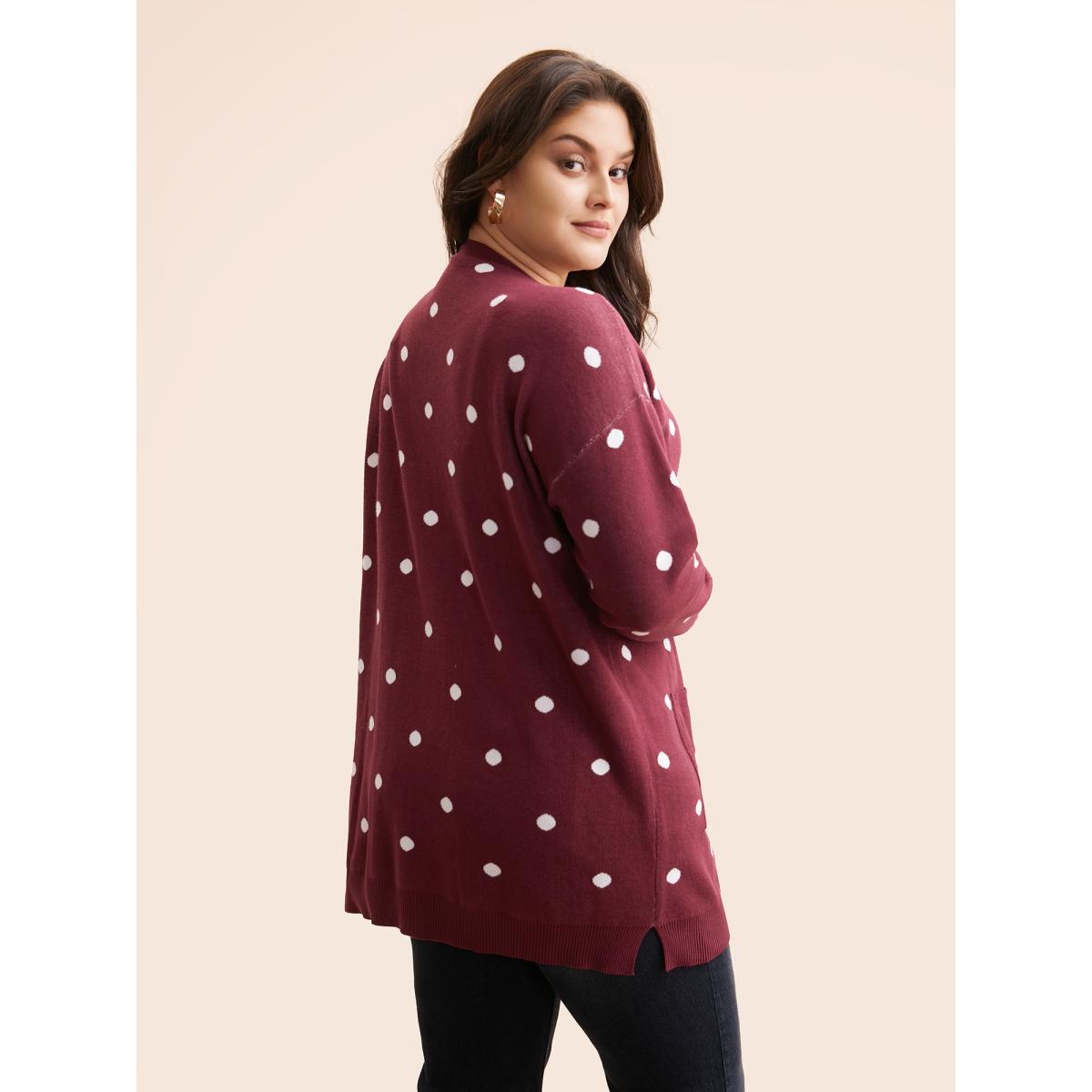 Plus Size Polka Dot Kimono Collar Patch Pocket Cardigan Scarlet Women Casual Loose Long Sleeve Everyday Cardigans BloomChic 30/6X Product Image