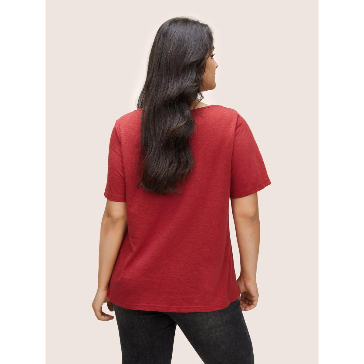 Plus Size Plain V Neck Lace Panel T-shirt Red Women Elegant Non Plain V-neck Everyday T-shirts BloomChic 10/M Product Image