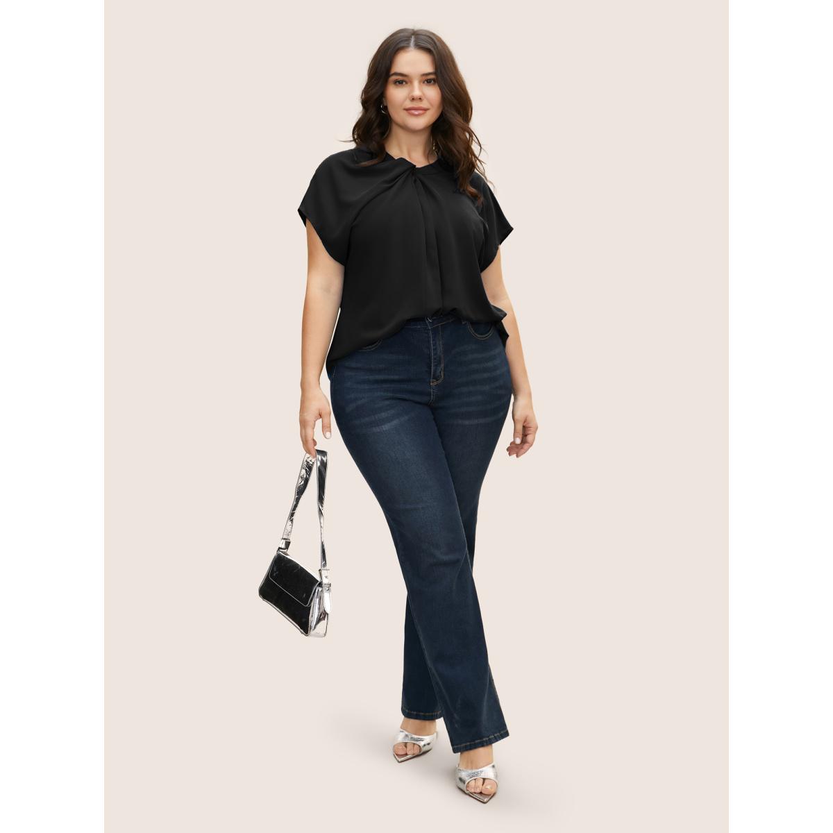 Plus Size Mediumblue Twist Front Pleated Dolman Sleeve Blouse Women At the Office Short sleeve Mock Neck Work Blouses BloomChic 26/4X Product Image