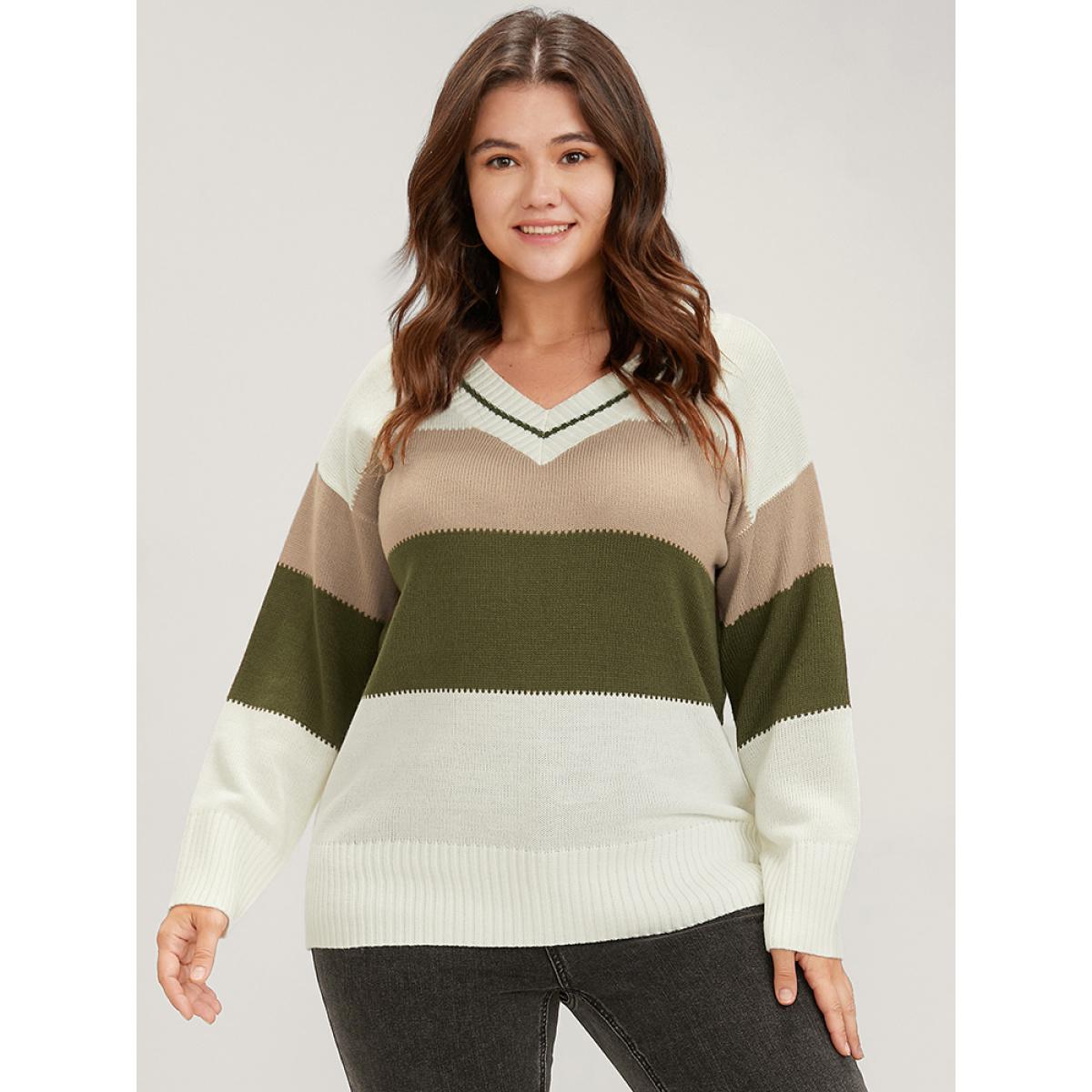 Plus Size Colorblock Contrast Pointelle Knit V Neck Knit Top Multicolor Women Casual Long Sleeve V-neck Dailywear Pullovers BloomChic 30/6X Product Image