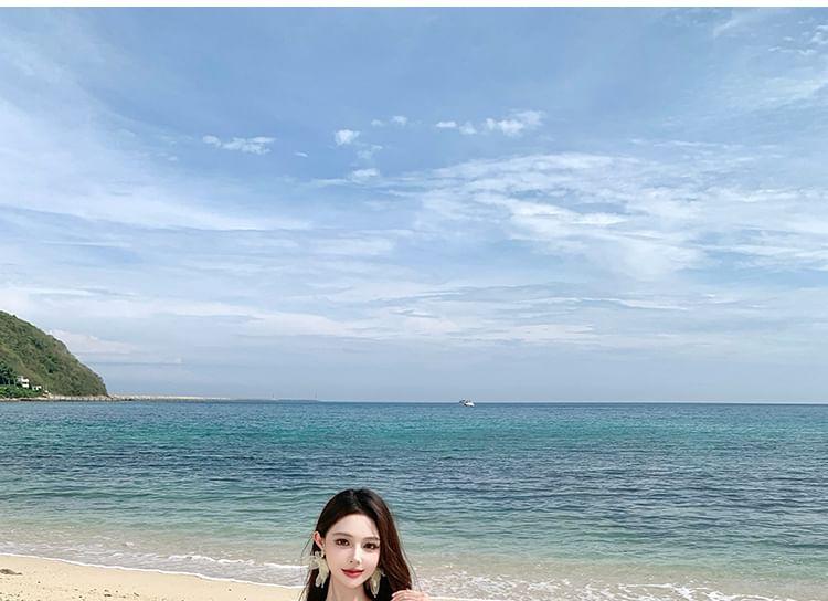 Spaghetti Strap Sea Print Floral Shirred Midi Mermaid Dress Product Image