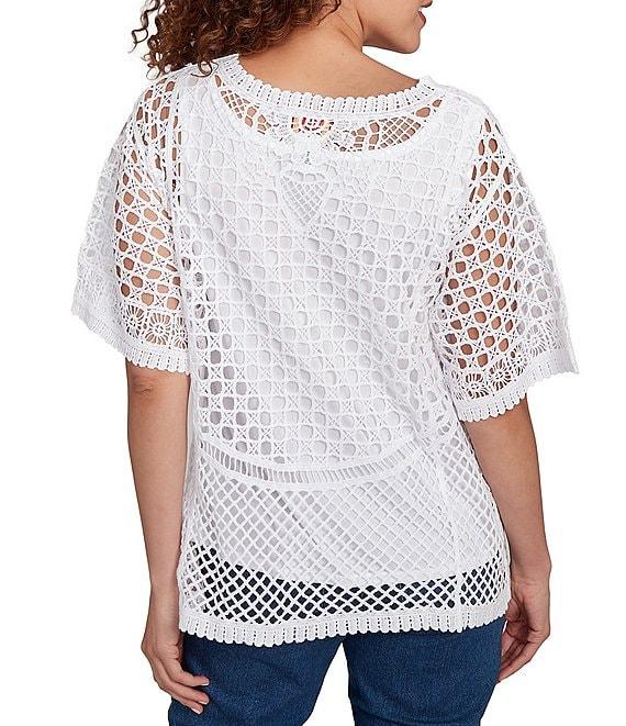 Ruby Rd. Crochet Lace Scoop Neck Elbow Length Sleeve Top Product Image