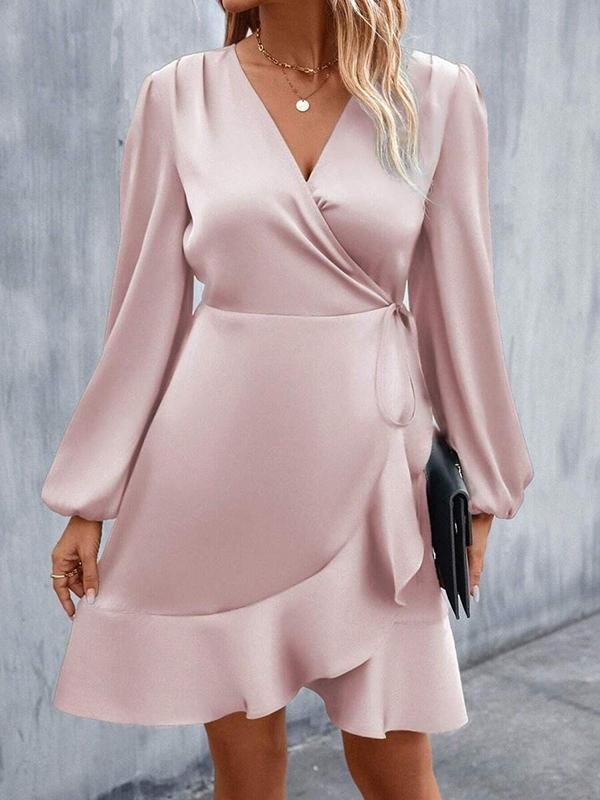 High Waisted High-Low Elasticity Pleated Solid Color Split-Joint Tied V-Neck Mini Dresses Product Image