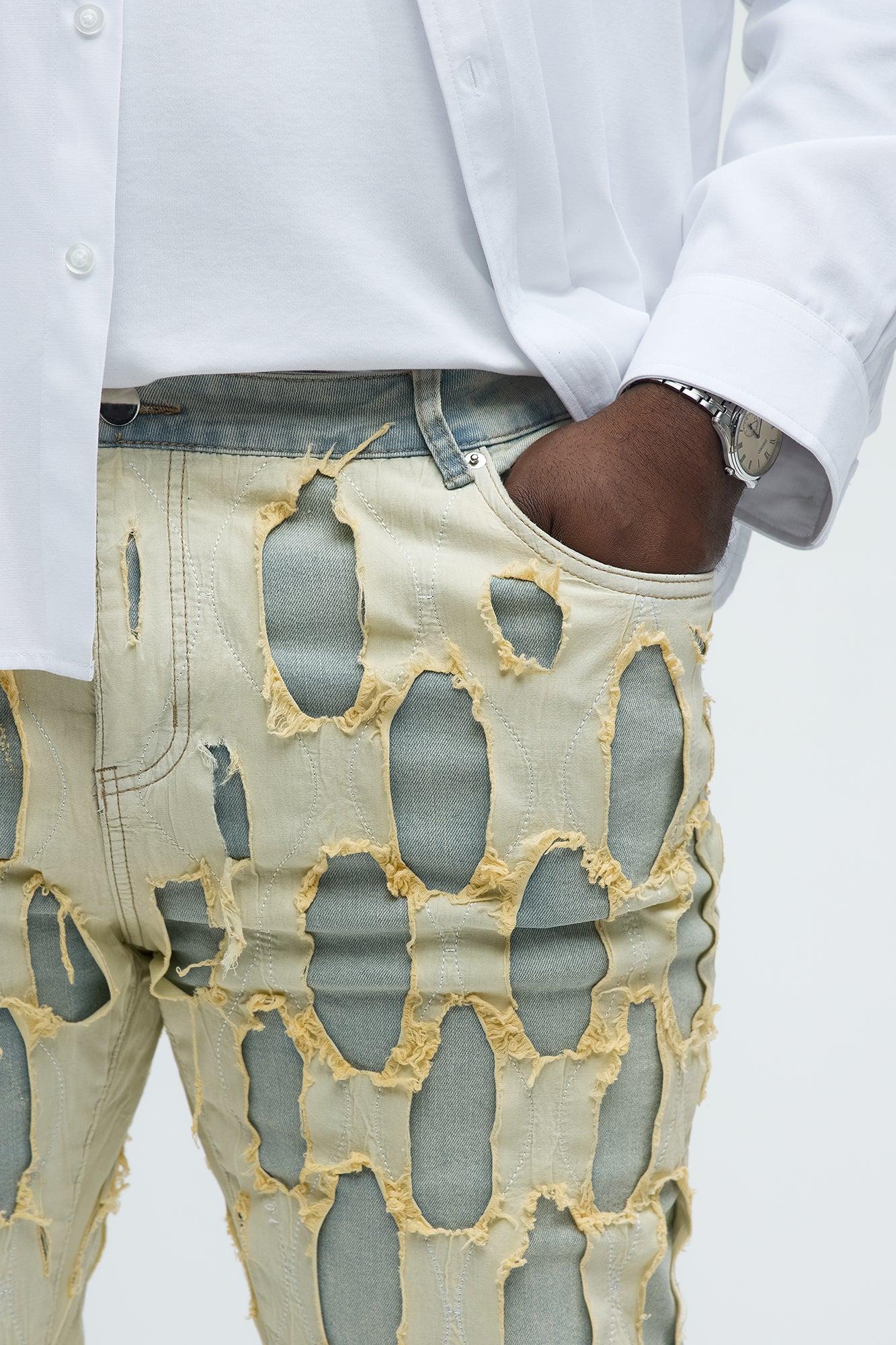 Shredded Distressed Stacked Skinny Flare Jeans - Medium Wash Product Image