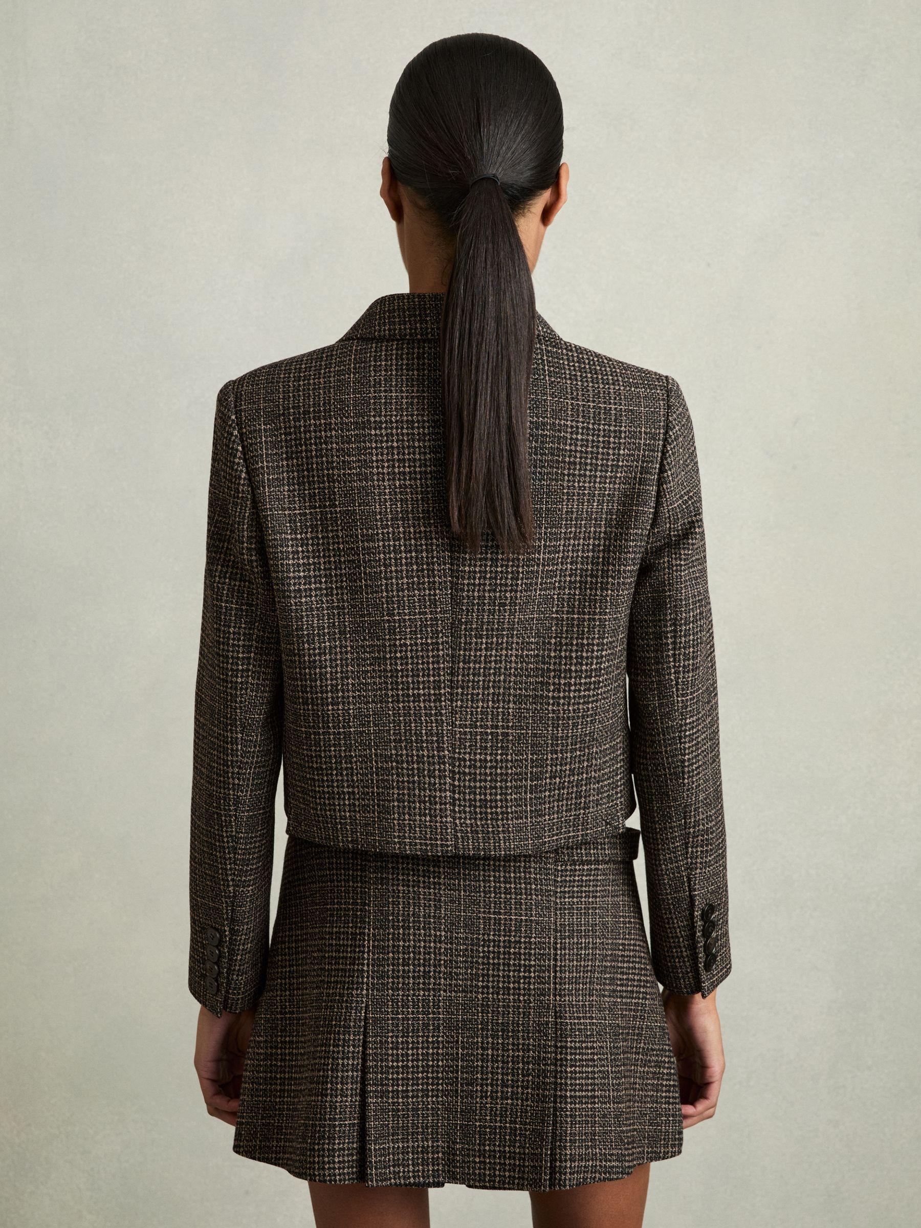 Double-Breasted Tweed Cropped Blazer in Brown Check Product Image