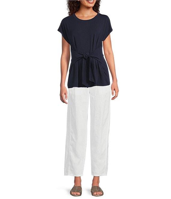 Eileen Fisher Fine Stretch Jersey Knit Round Neck Short Sleeve Tie Front Top Product Image