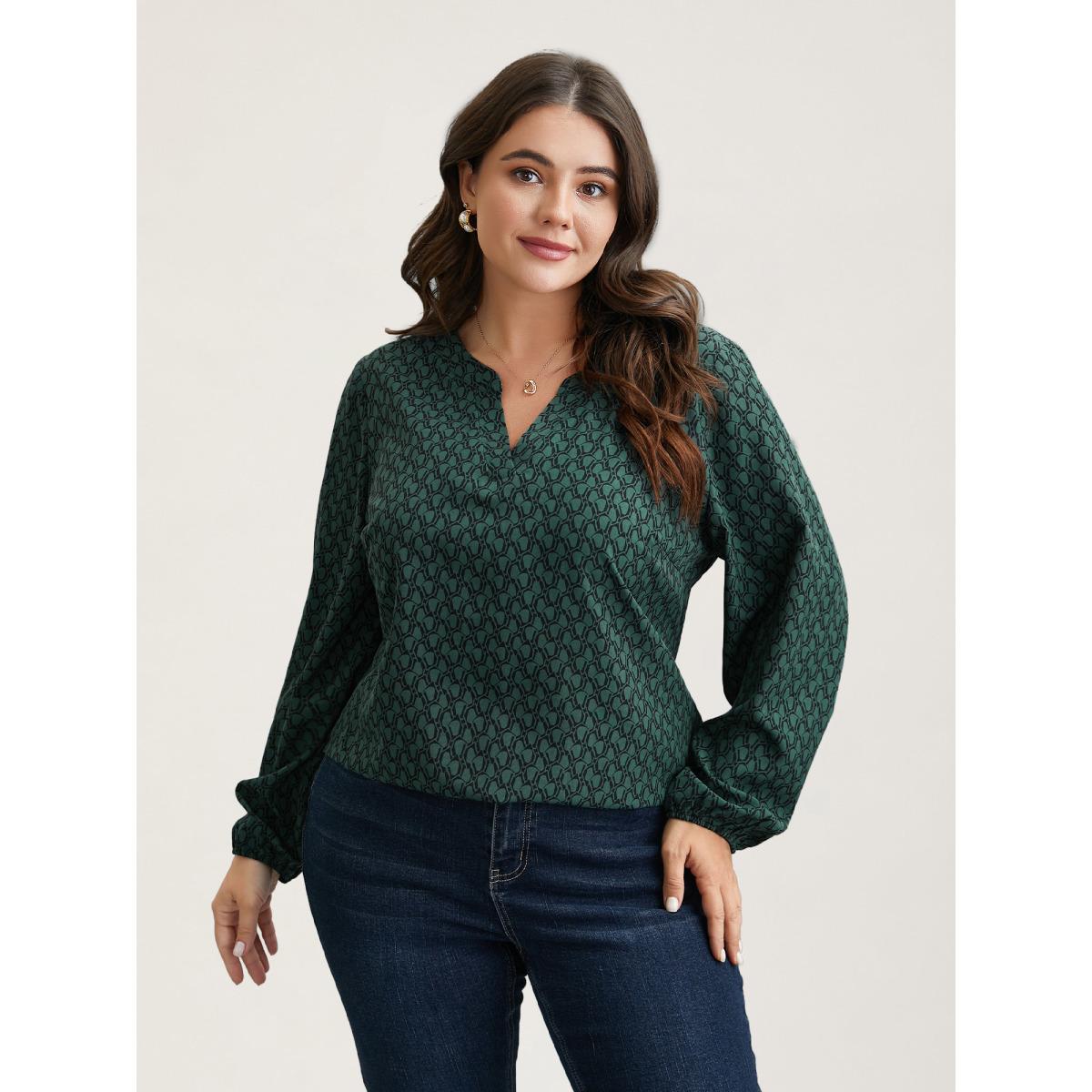 Plus Size DarkSlateGray Notched Collar Geometric Print Flowy Blouse Women Timeless Extra Long Sleeve Flat collar with V-notch Elegant Blouses BloomChic 10/M Product Image