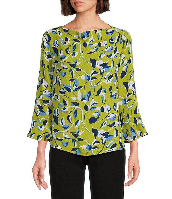 Investments Woven Painted Leaves 3/4 Ruffle Sleeve Cowl Neck Top Product Image