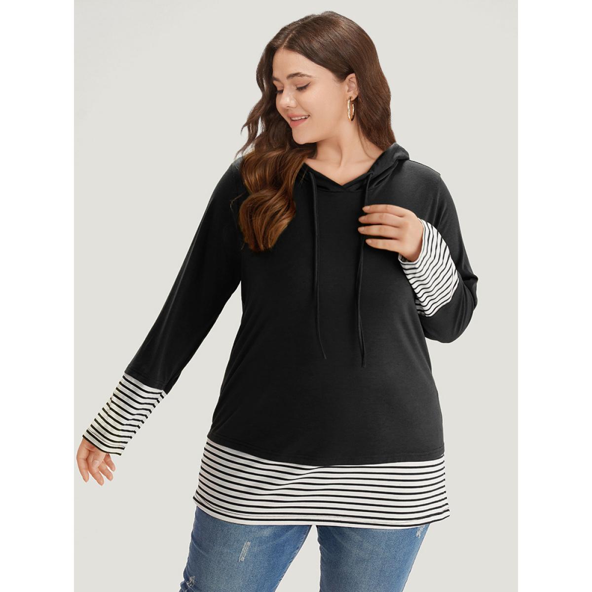 Plus Size Striped Patchwork Hooded Drawstring T-shirt Black Women Casual Patchwork Striped Hooded Dailywear T-shirts BloomChic 22-24/3X Product Image