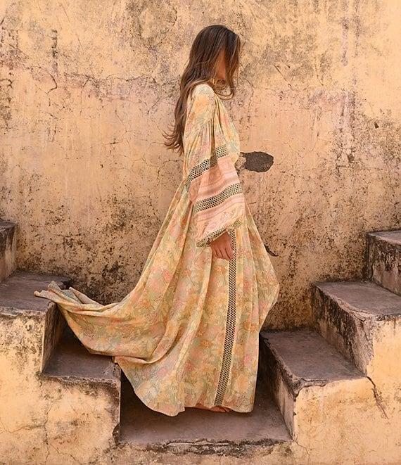 Talisman Pharoah Woven V-Neck Long Sleeve Floral Lace Insert Maxi Dress Product Image