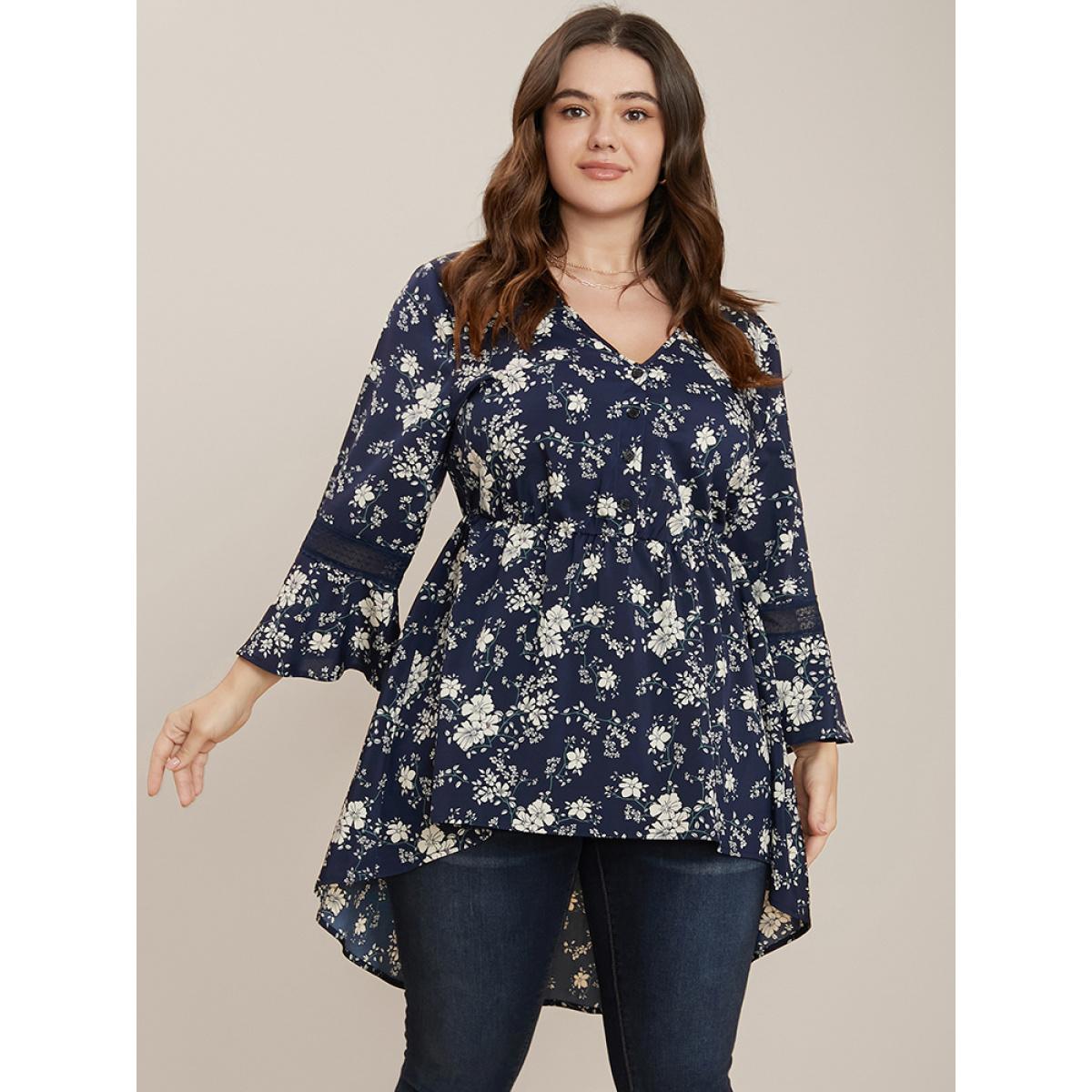 Plus Size Indigo Floral Bell Sleeve Button Through High Low Hem Blouse Women Elegant Elbow-length sleeve V-neck Dailywear Blouses BloomChic 26/4X Product Image