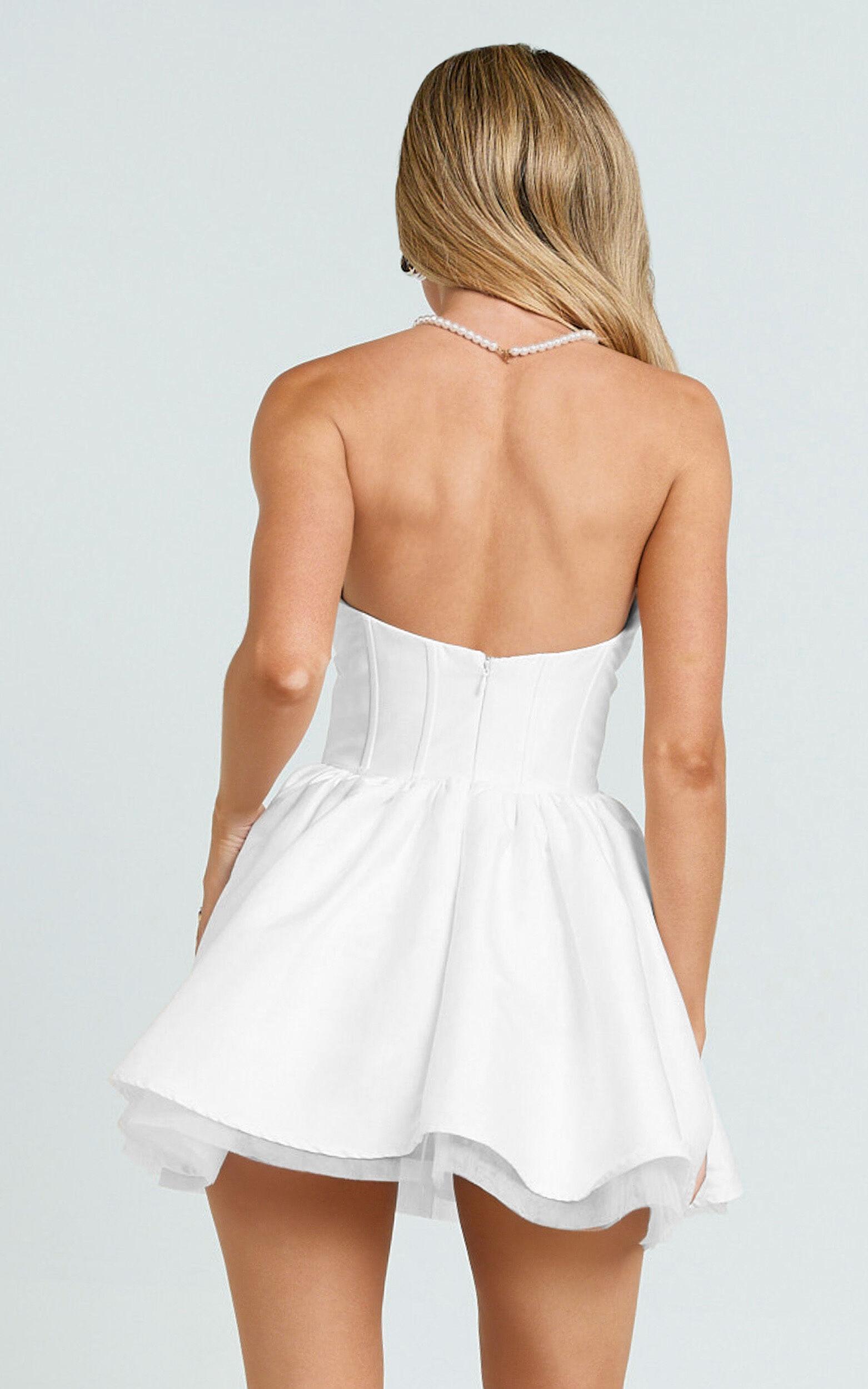 Charlize Mini Dress - Satin Sweetheart V Waist Fit And Flare Dress in White Product Image