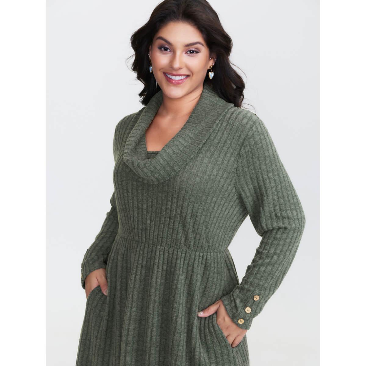 Plus Size Cowl Neck Ribbed Fitted Knit Dress DarkSlateGray Women Leisure Texture Ruffled collar Extra Long Sleeve Curvy BloomChic 12/L Product Image