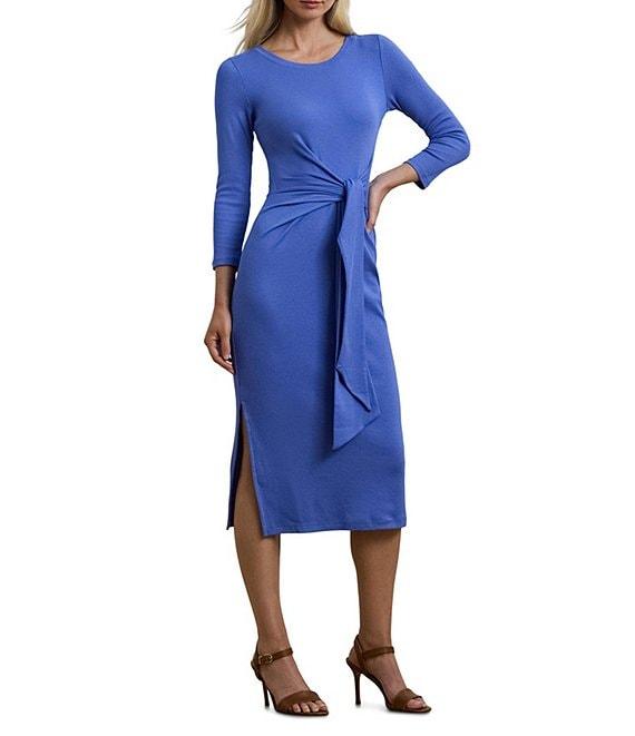 Lauren Ralph Lauren Rib Knit Crew Neck Long Sleeve Front Tie Sheath Midi Dress Product Image