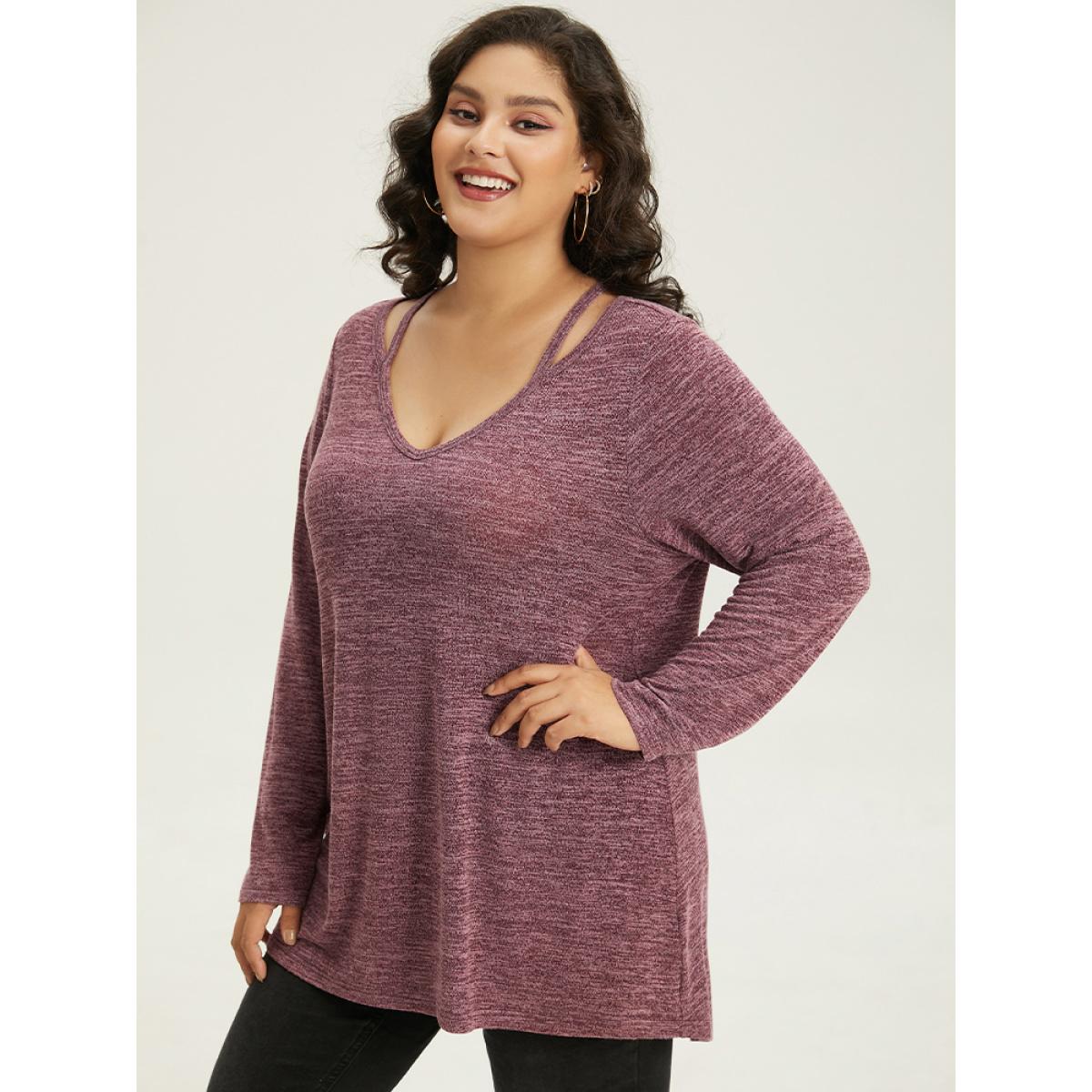 Plus Size Solid Heather V Neck Cut Out T-shirt Burgundy Women Casual Heather Plain V-neck Everyday T-shirts BloomChic 18-20/2X Product Image