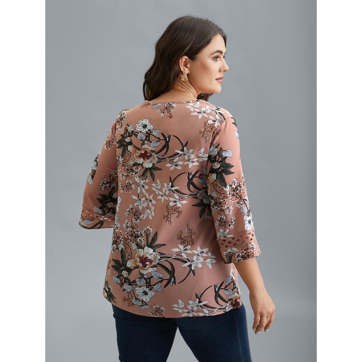 Plus Size Dirtypink Blooming Flower Print Webbing Spliced Blouse Women Elegant Elbow-length sleeve V-neck Everyday Blouses BloomChic 10/M Product Image