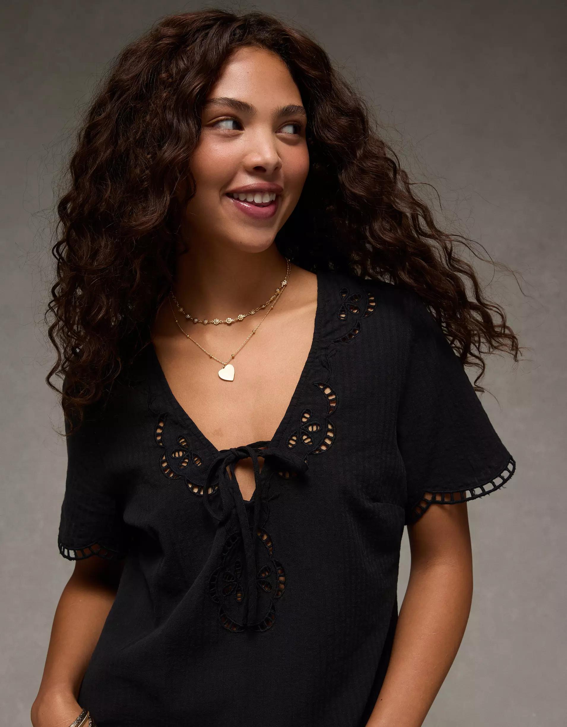 AE V-Neck Embroidered Shift Dress Product Image