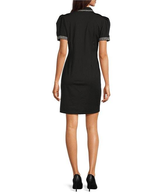 KARL LAGERFELD PARIS Knit Jersey Point Collar Short Sleeve Tweed Trim A-Line Dress Product Image