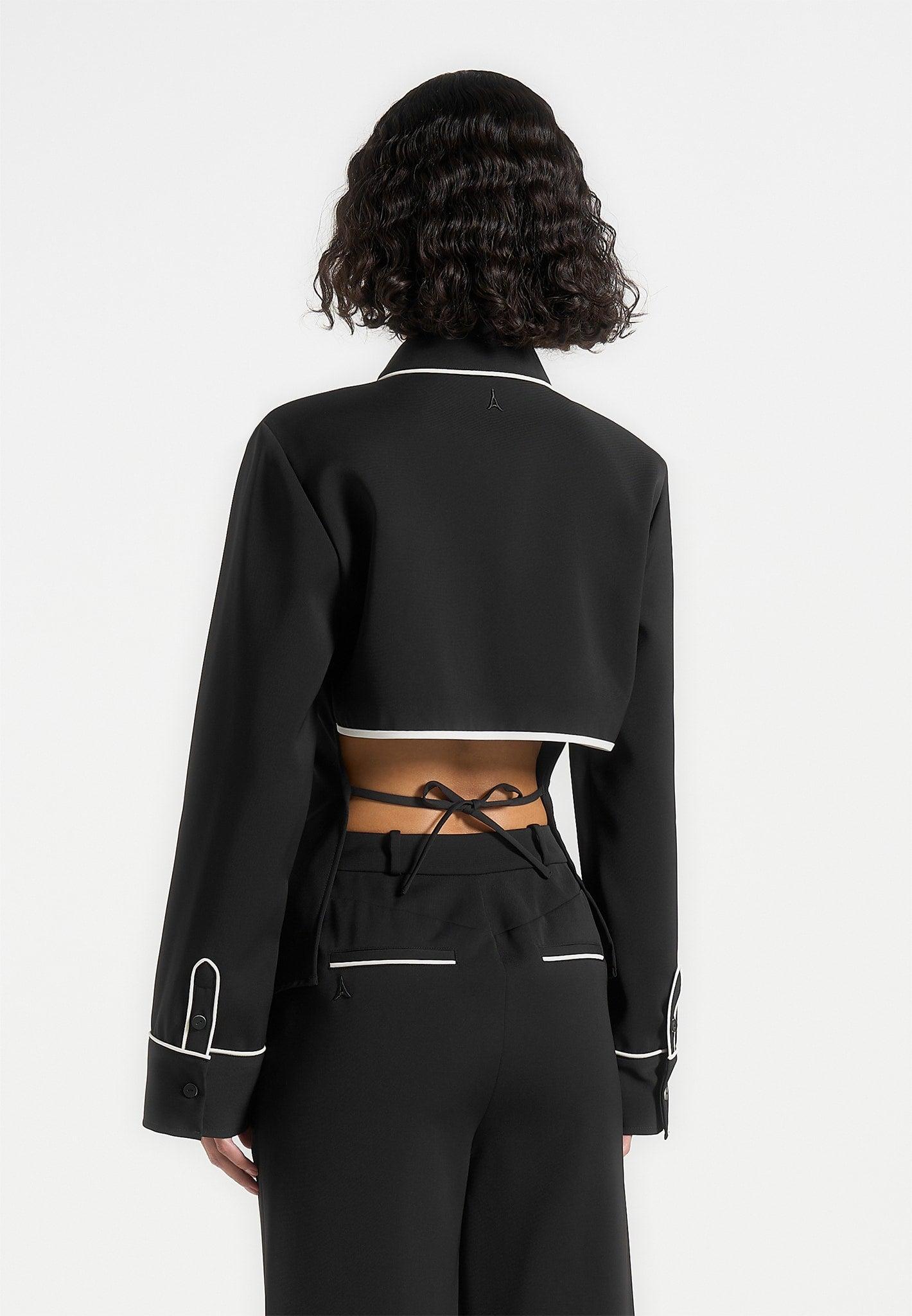 Contrast Piped Backless Tie Shirt - Black/White Female Product Image