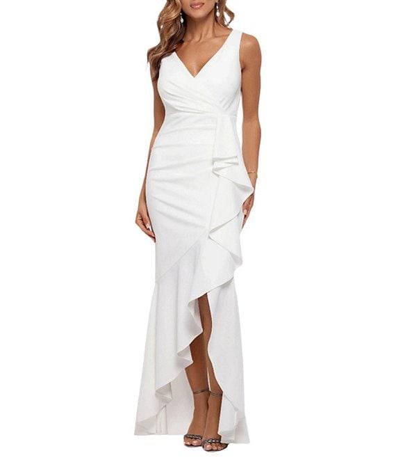 Betsy & Adam Sleeveless V-Neck Spiral Ruffle Cascade Gown Product Image