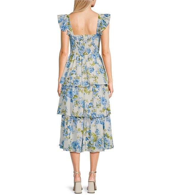Blu Pepper Sleeveless Smoke Floral Tiered Ruffle Midi Dress Product Image