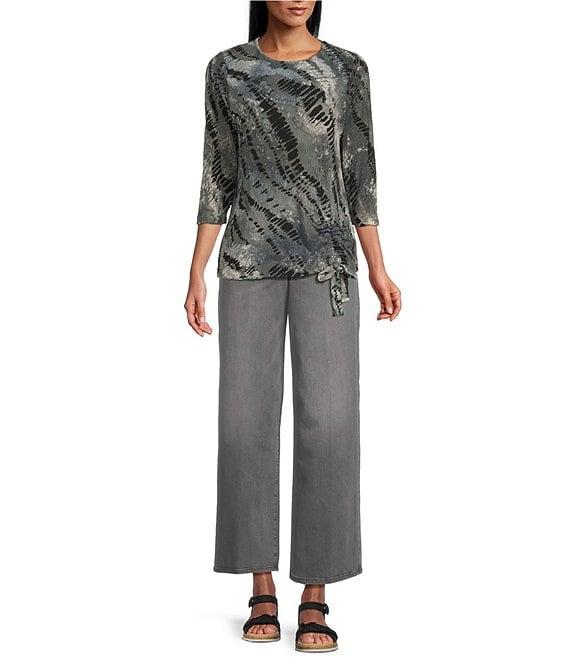 Leo & Nicole Jacquard Printed Crew Neck 3/4 Sleeve Side Cinched Tie Top Product Image