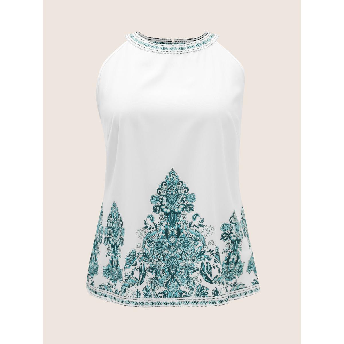 Plus Size Boho Print Round Neck Cut Out Tank Top Women White Resort Button Round Neck Vacation Tank Tops Camis BloomChic 26/4X Product Image