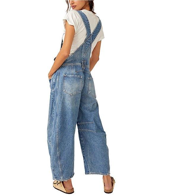 Free People We The Free Good Luck Denim Square Neck Barrel Leg Overalls Product Image