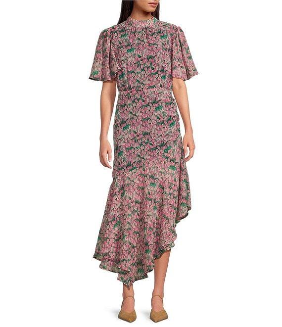 En Saison Lyra Floral Print Mock Neck Short Flutter Sleeve Midi Dress Product Image