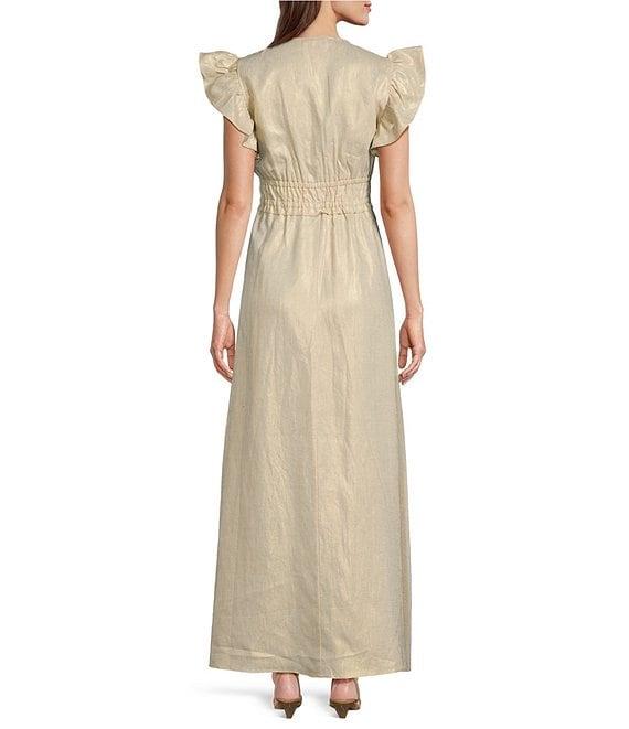 SAIL to SABLE Gold Linen Blend V-Neck Flutter Sleeve A-Line Midi Dress Product Image