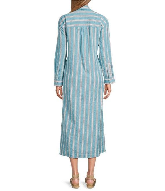 Westbound Button Front Point Collar Long Sleeve Seersucker Cinch Front A-Line Maxi Dress Product Image